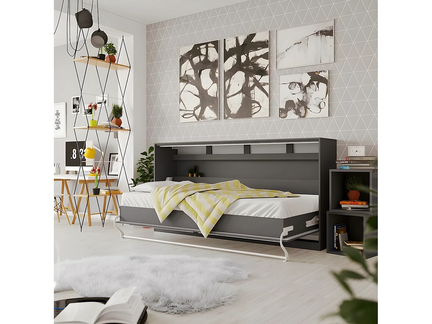 Armoire Lit escamotable 90x200cm Supérieur Horizontal Lit Rabattable Lit Mural Anthracite/Anthracite brillant