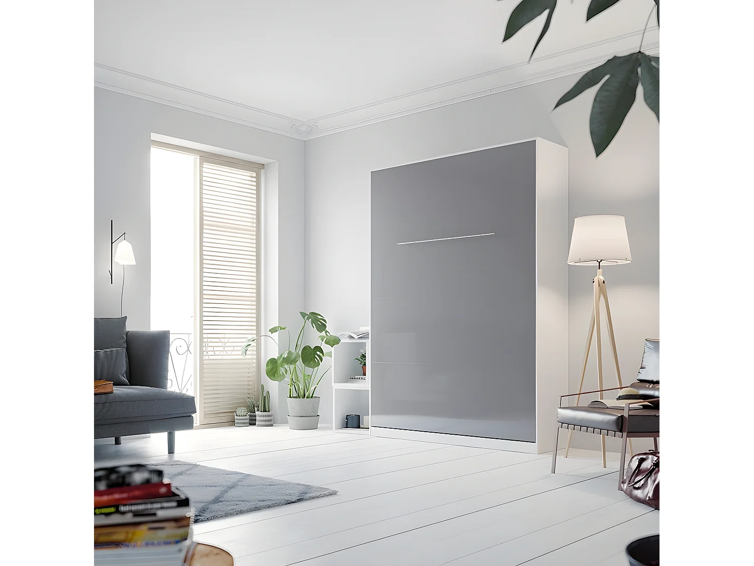 Armoire Lit escamotable 140x200cm Lit Rabattable Lit Mural Supérieur Vertical Blanc/Anthracite Brillant