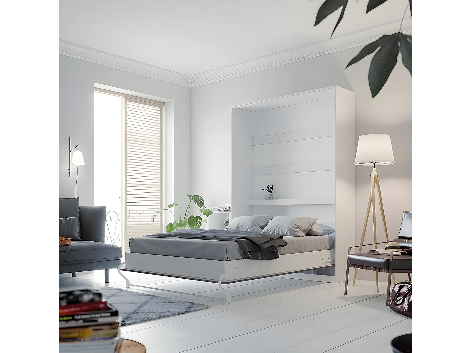 Armoire Lit escamotable 140x200cm Lit Rabattable Lit Mural Supérieur Vertical Blanc/Anthracite Brillant