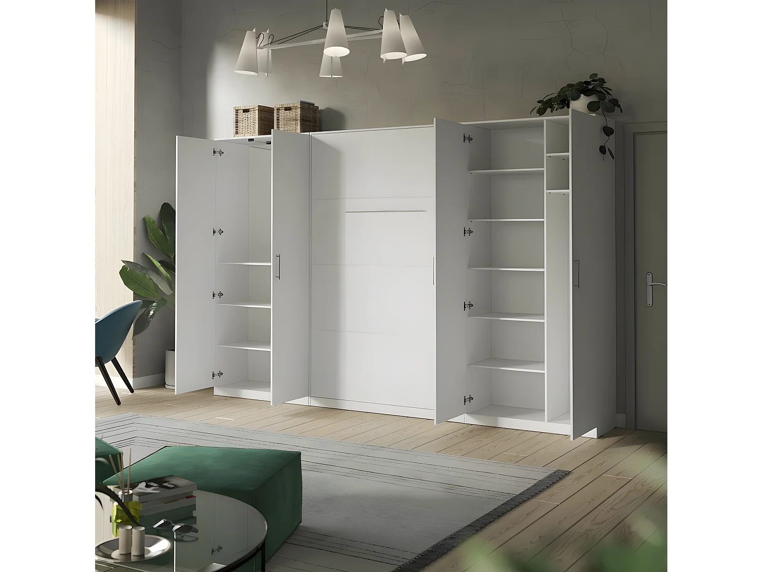 Lit escamotable +2 Placards Vertical 140x200+(100x2)cm Lit Rabattable Lit Mural Standard Blanc/blanc