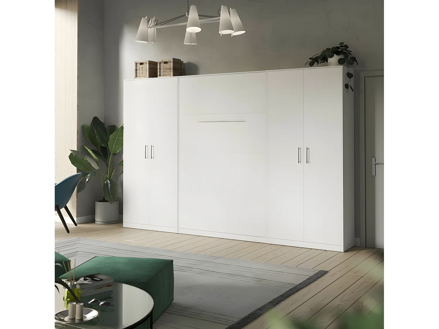 Lit escamotable +2 Placards Vertical 140x200+(100x2)cm Lit Rabattable Lit Mural Standard Blanc/blanc