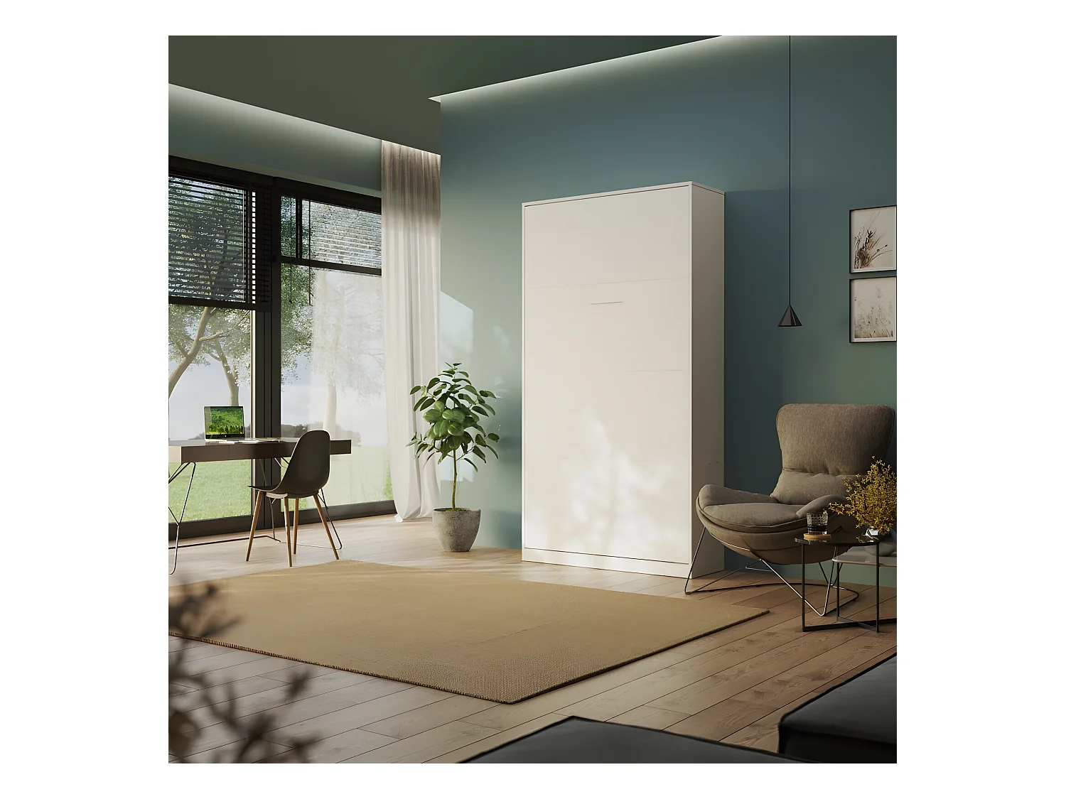 Armoire Lit escamotable 100x200cm Blanc Lit Rabattable Lit Mural C*Adore Vertical