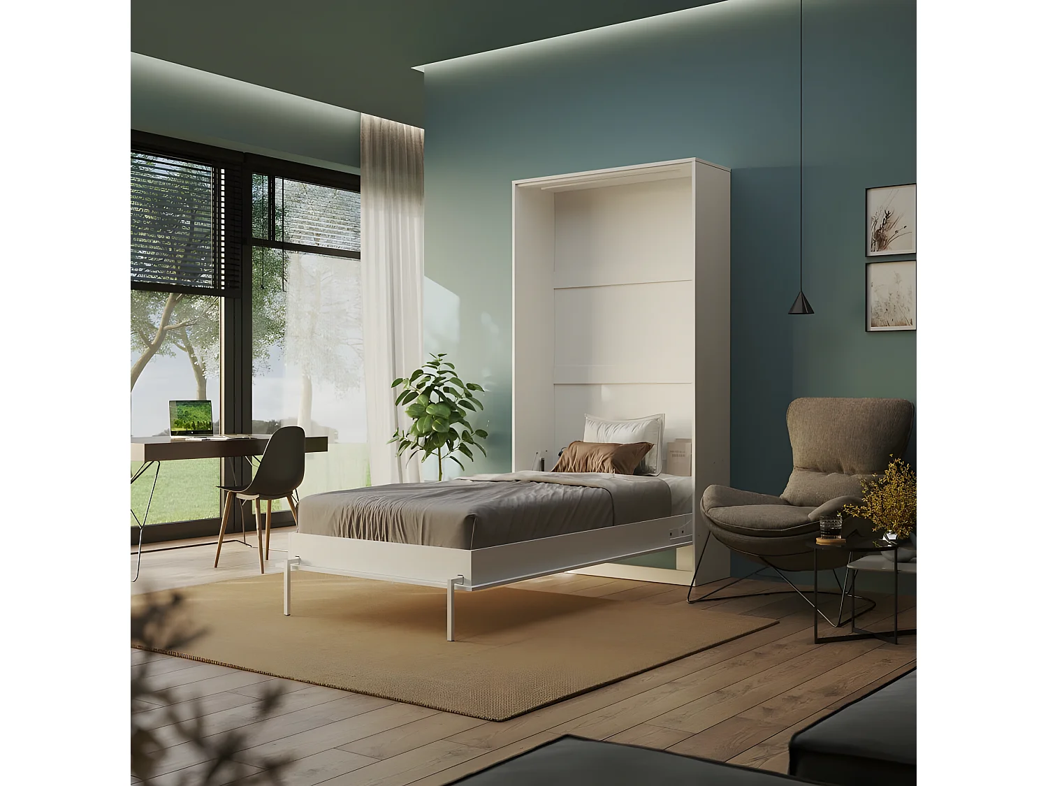 Armoire Lit escamotable 100x200cm Blanc Lit Rabattable Lit Mural C*Adore Vertical