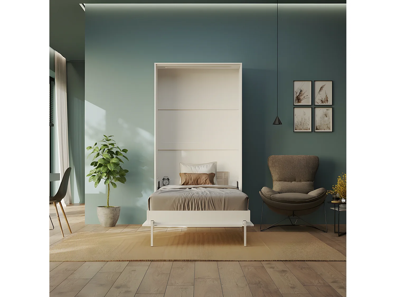 Armoire Lit escamotable 100x200cm Blanc Lit Rabattable Lit Mural C*Adore Vertical