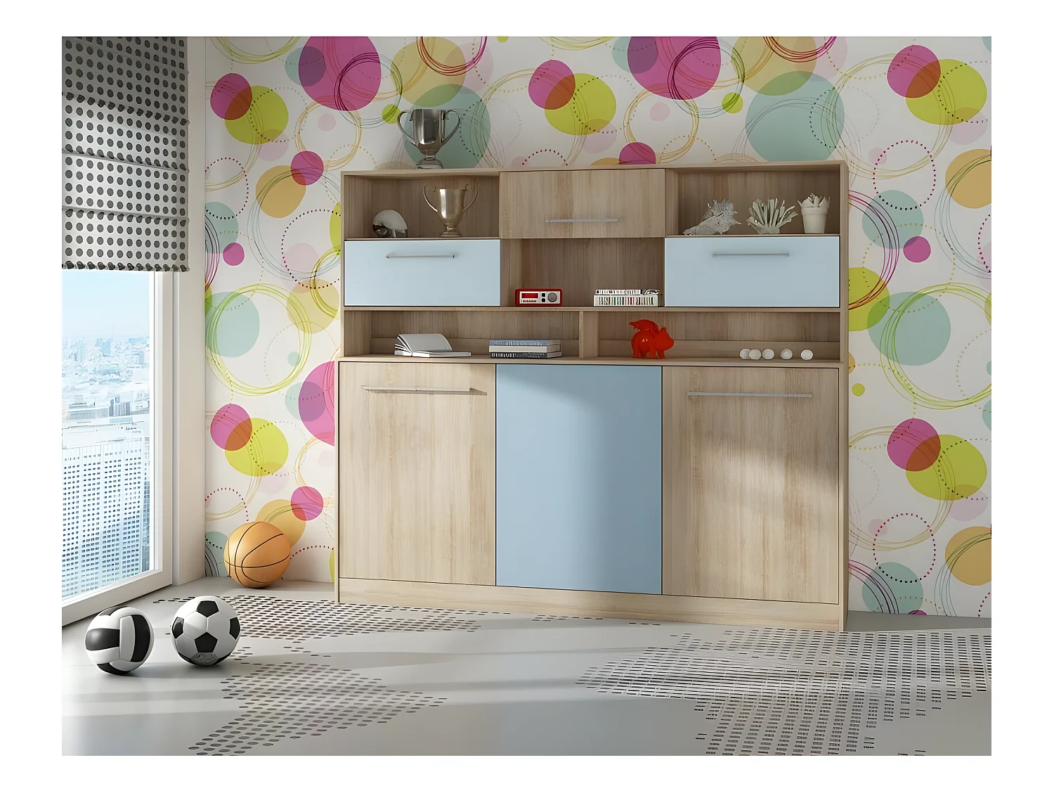 Armoire Lit escamotable Horizontal 90x200 cm avec étagères Sonoma bleu Lit Rabattable Lit Mural Roddy
