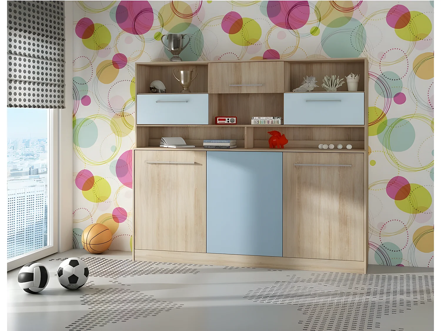 Armoire Lit escamotable Horizontal 90x200 cm avec étagères Sonoma bleu Lit Rabattable Lit Mural Roddy