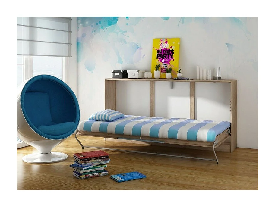 Armoire Lit escamotable Horizontal 90x200 cm avec étagères Sonoma bleu Lit Rabattable Lit Mural Roddy