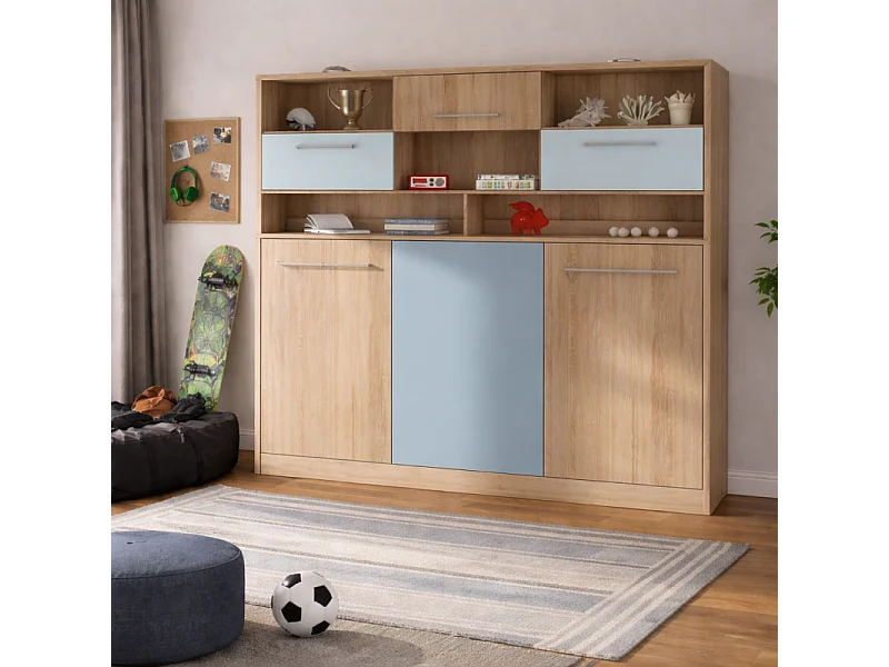 Armoire Lit escamotable Horizontal 90x200 cm avec étagères Sonoma bleu Lit Rabattable Lit Mural Roddy