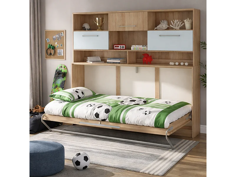 Armoire Lit escamotable Horizontal 90x200 cm avec étagères Sonoma bleu Lit Rabattable Lit Mural Roddy