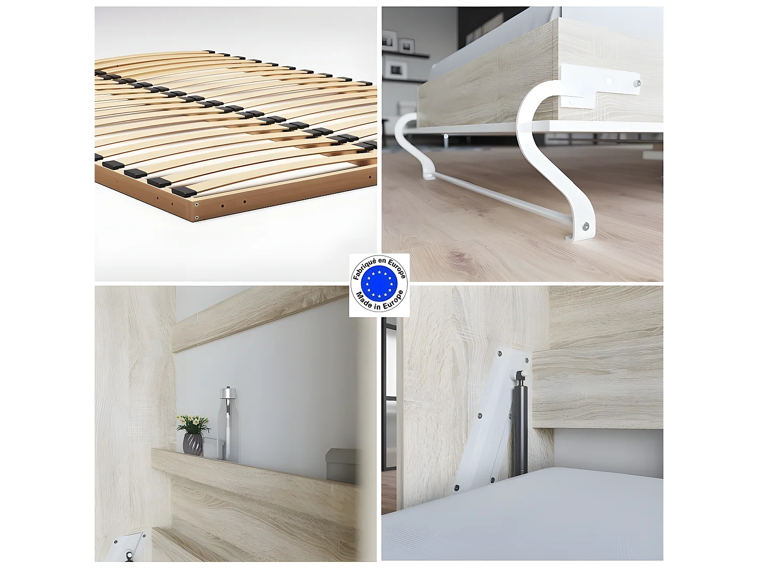 Lit escamotable +2 Placards Vertical 140x200+(100x2)cm Lit Rabattable Lit Mural Standard Chêne Sonoma/Blanc brillant