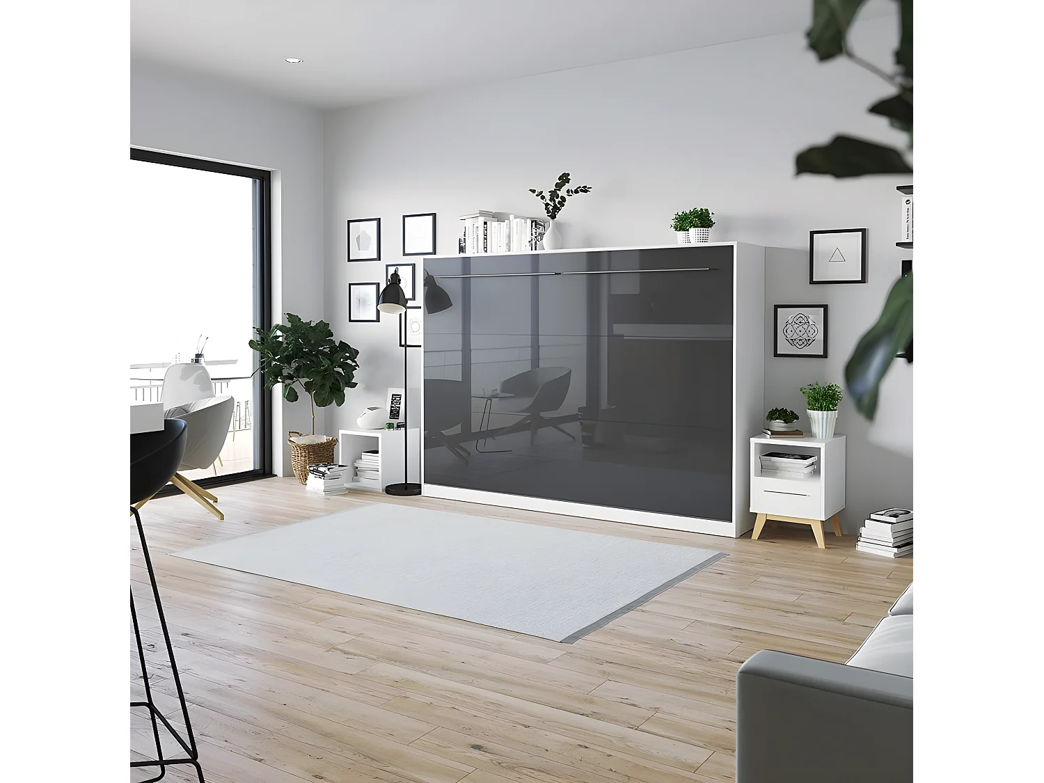 Armoire Lit escamotable 140x200cm Supérieur Horizontal Lit Rabattable Lit Mural Blanc/Anthracite Brillant