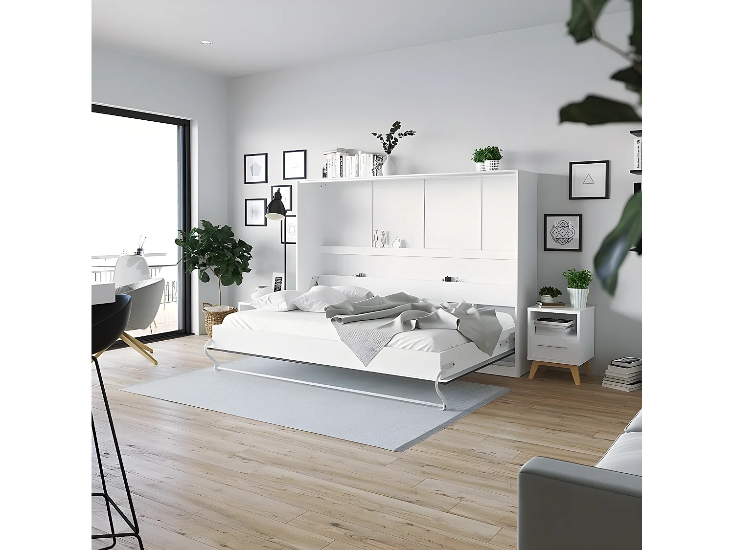 Armoire Lit escamotable 140x200cm Supérieur Horizontal Lit Rabattable Lit Mural Blanc/Anthracite Brillant