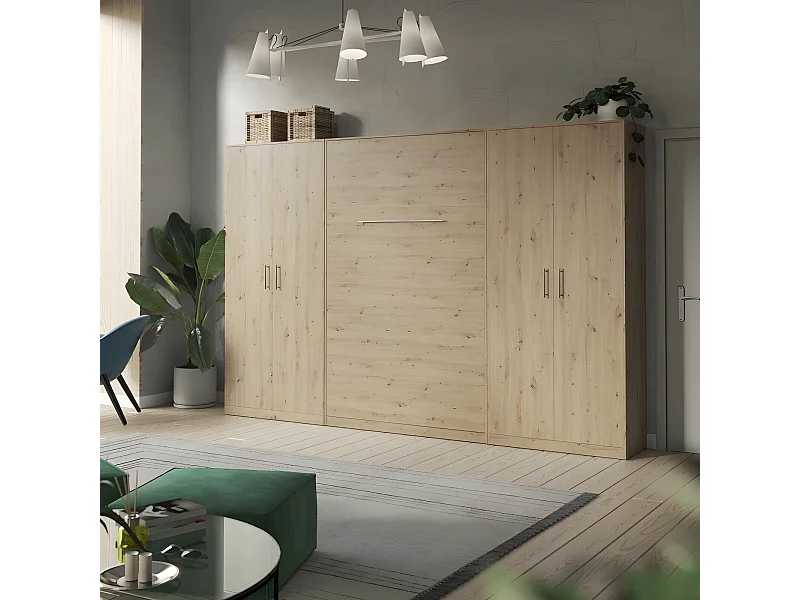 Lit escamotable +2 Placards Vertical 90x200+(100x2)cm Lit Rabattable Lit Mural Standard Chêne Sauvage/Chêne Sauvage