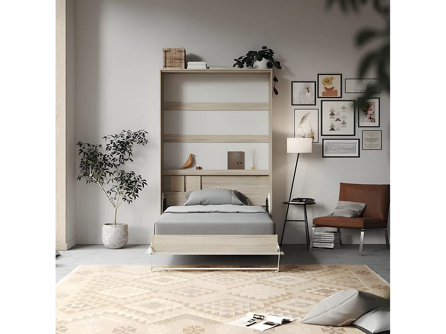 Armoire Lit escamotable 120x200cm Vertical Lit Rabattable Lit Mural Supérieur Chêne Sonoma/Béton