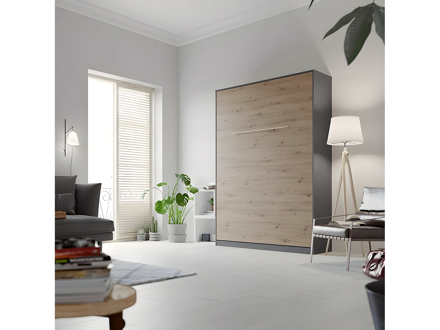 Armoire Lit escamotable 140x200cm Lit Rabattable Lit Mural Supérieur Vertical Anthracite/Chêne sauvage