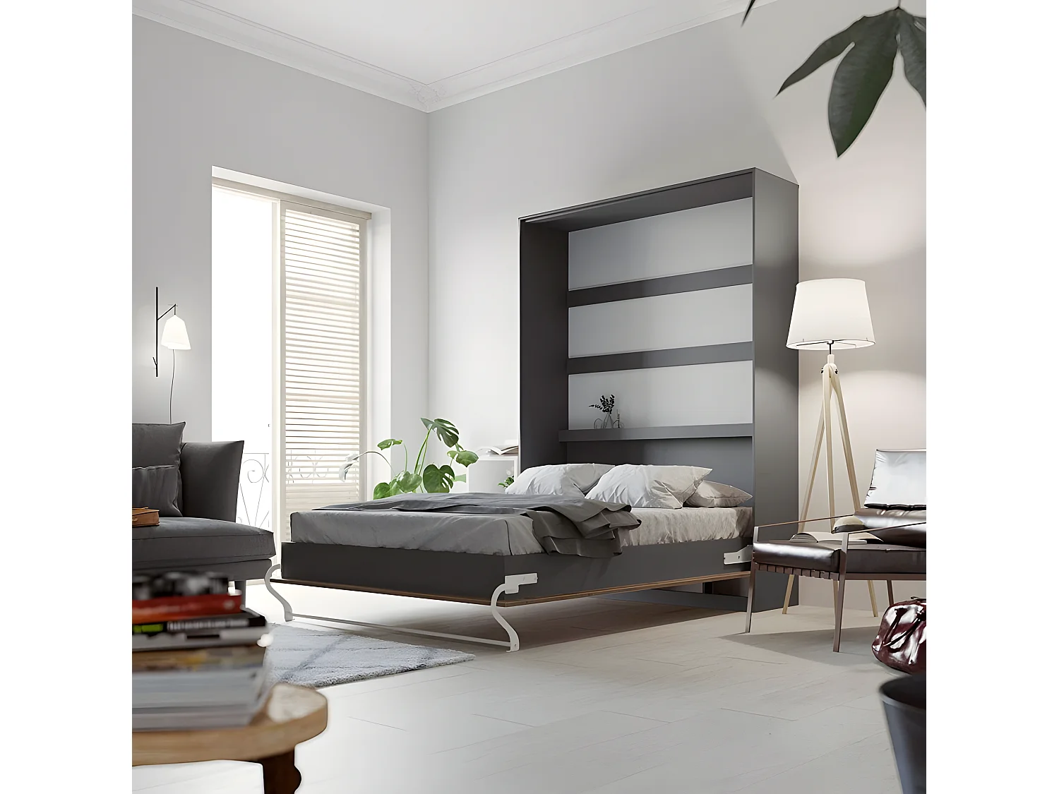 Armoire Lit escamotable 140x200cm Lit Rabattable Lit Mural Supérieur Vertical Anthracite/Chêne sauvage