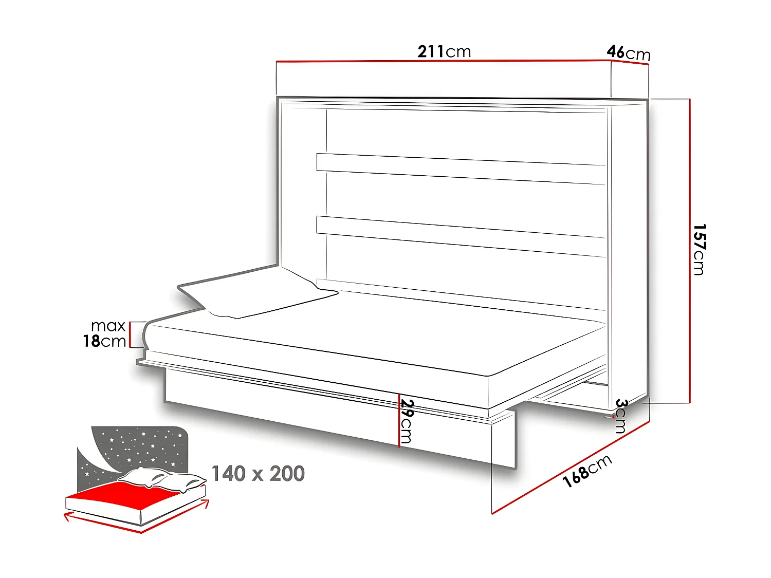 Lenart Armoire Lit escamotable Horizontal 140x200 cm Blanc brillant Lit Rabattable Lit Mural"Consus"