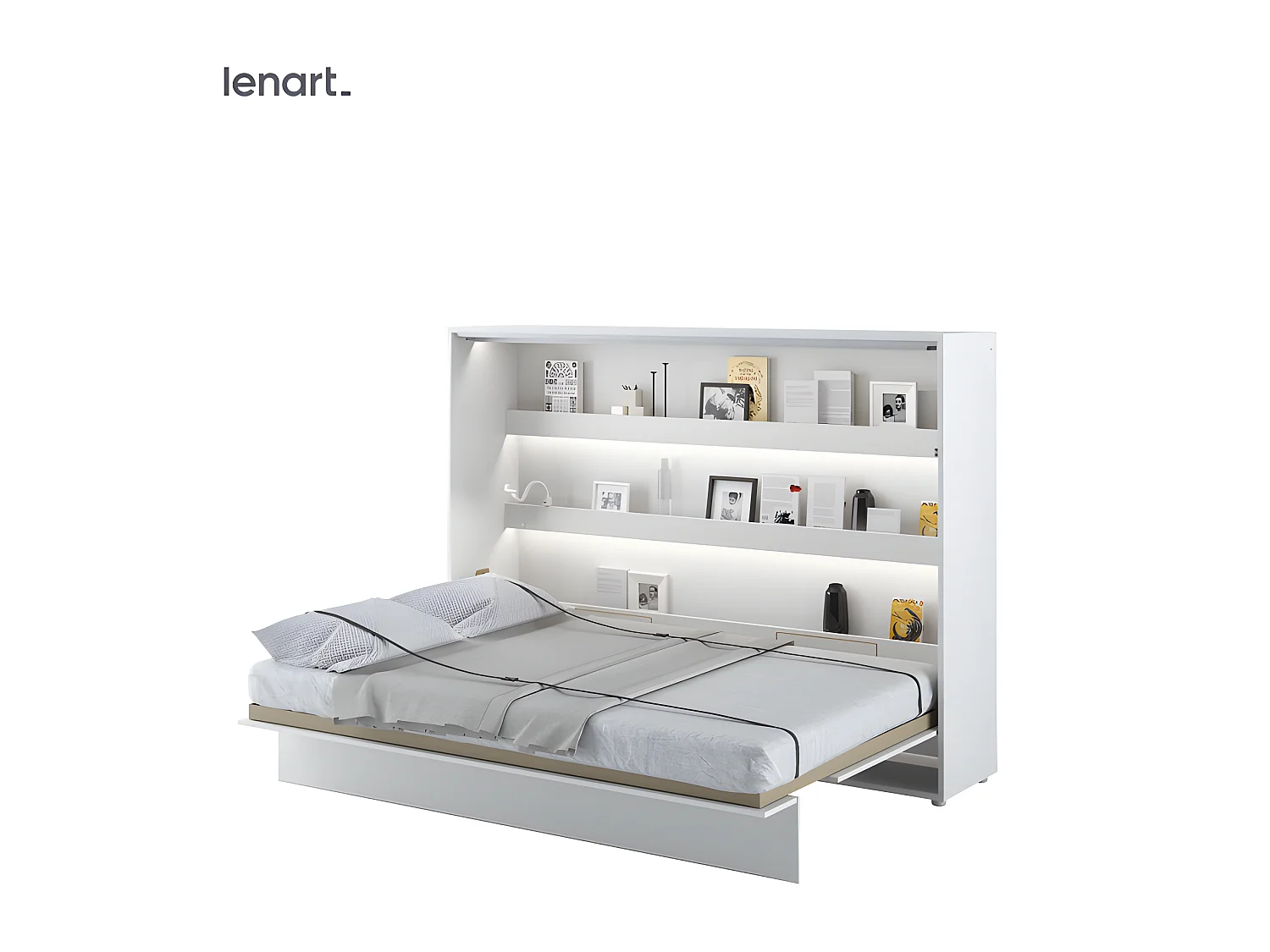 Lenart Armoire Lit escamotable Horizontal 140x200 cm Blanc brillant Lit Rabattable Lit Mural"Consus"