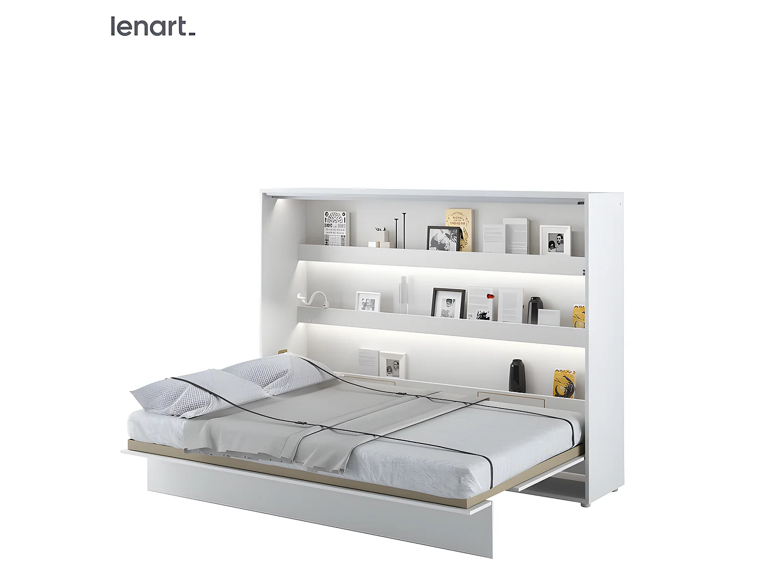 Lenart Armoire Lit escamotable Horizontal 140x200 cm Blanc brillant Lit Rabattable Lit Mural"Consus"