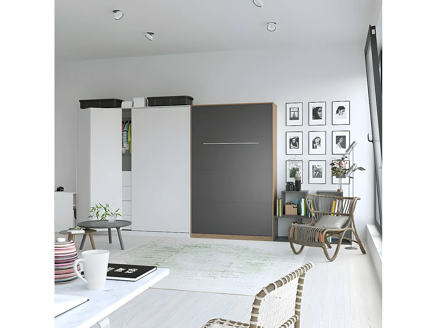 Armoire Lit escamotable 120x200cm Vertical Lit Rabattable Lit Mural Supérieur Chêne Sauvage/Anthracite