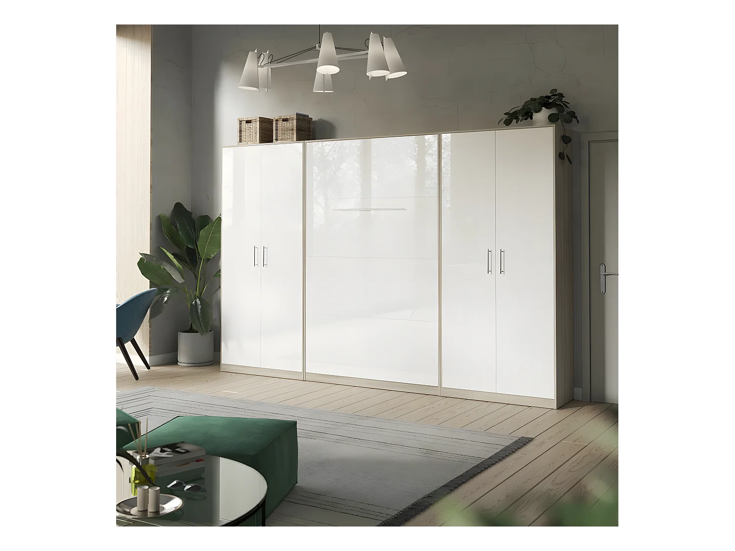 Lit escamotable +2 Placards Vertical 90x200+(80x2)cm Lit Rabattable Lit Mural Standard Chêne Sonoma/Blanc brillant