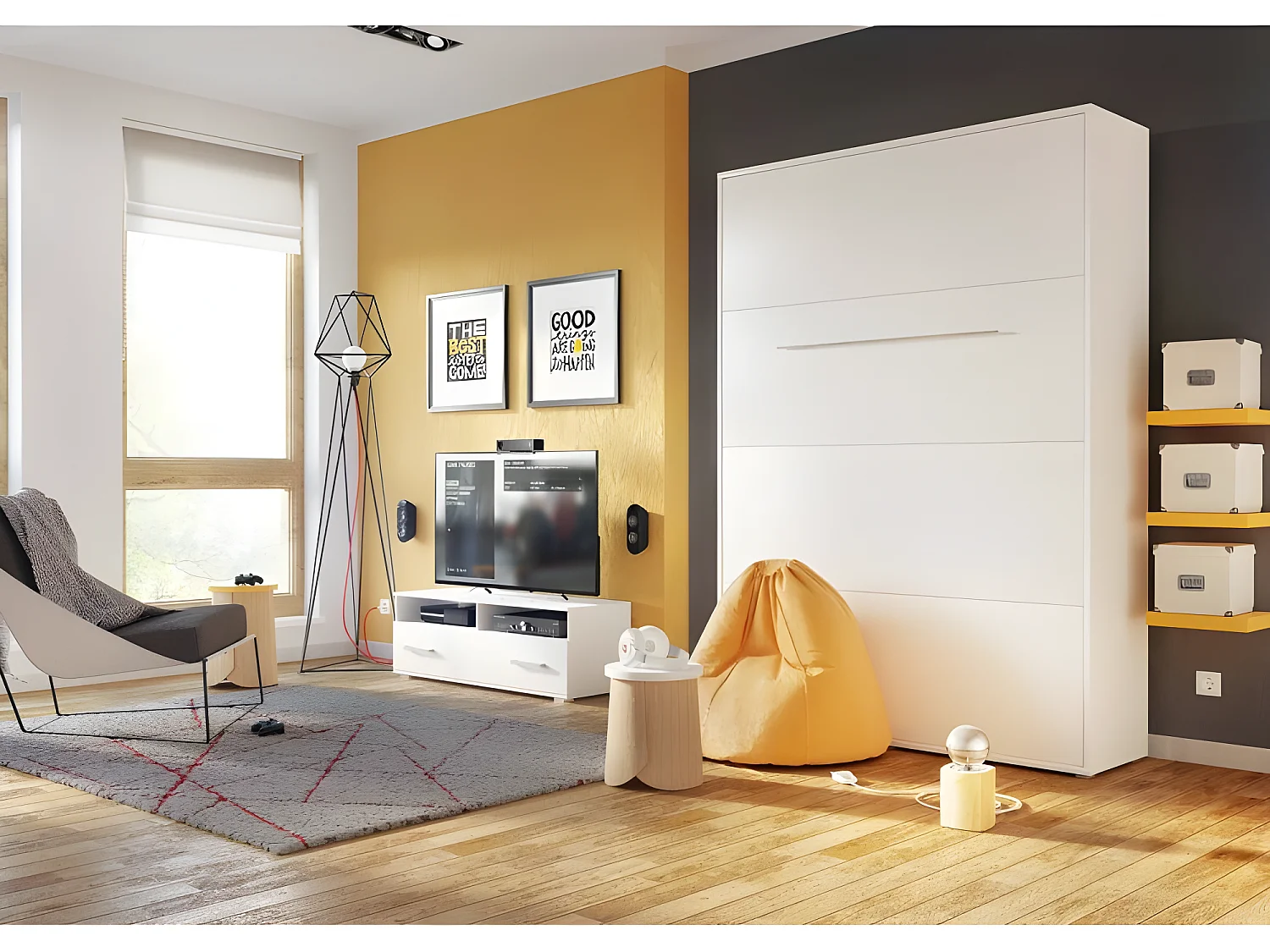 Lenart Armoire Lit escamotable Vertical 120x200 cm Blanc mat Lit Rabattable Lit Mural Consus pro