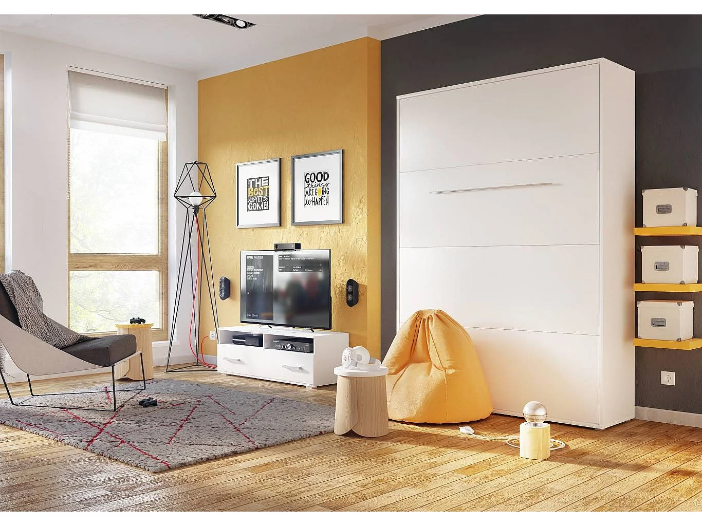 Lenart Armoire Lit escamotable Vertical 120x200 cm Blanc mat Lit Rabattable Lit Mural Consus pro