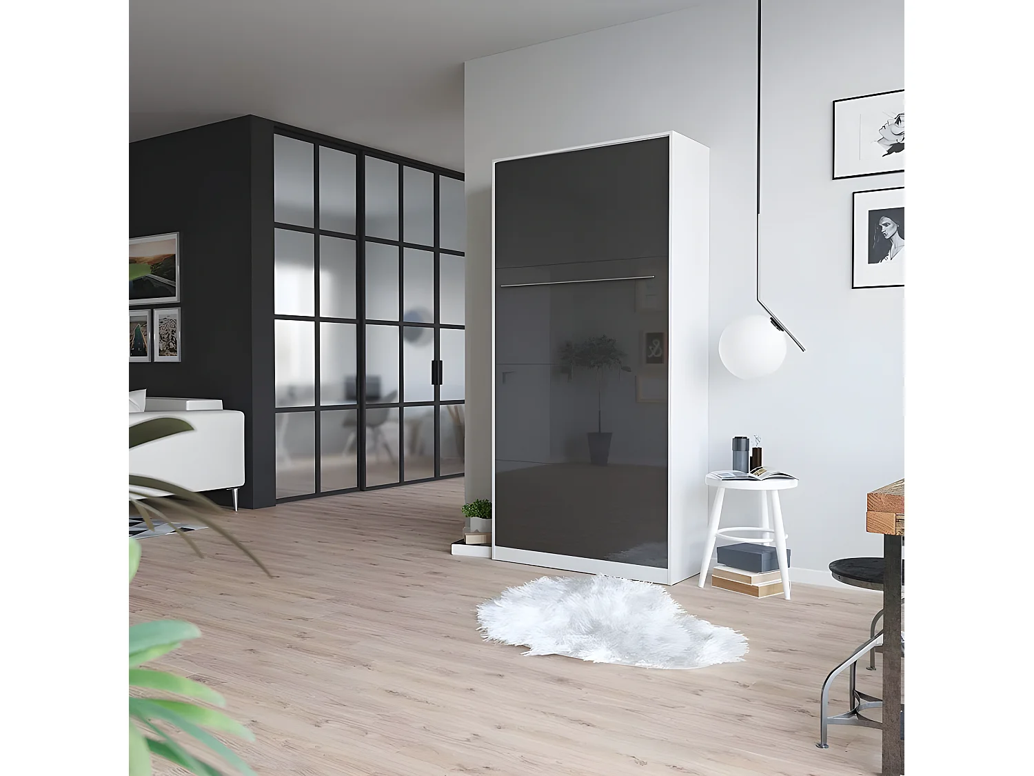 Armoire Lit escamotable 90x200cm Vertical Lit Rabattable Lit Mural Supérieur Blanc/Anthracite Brillant