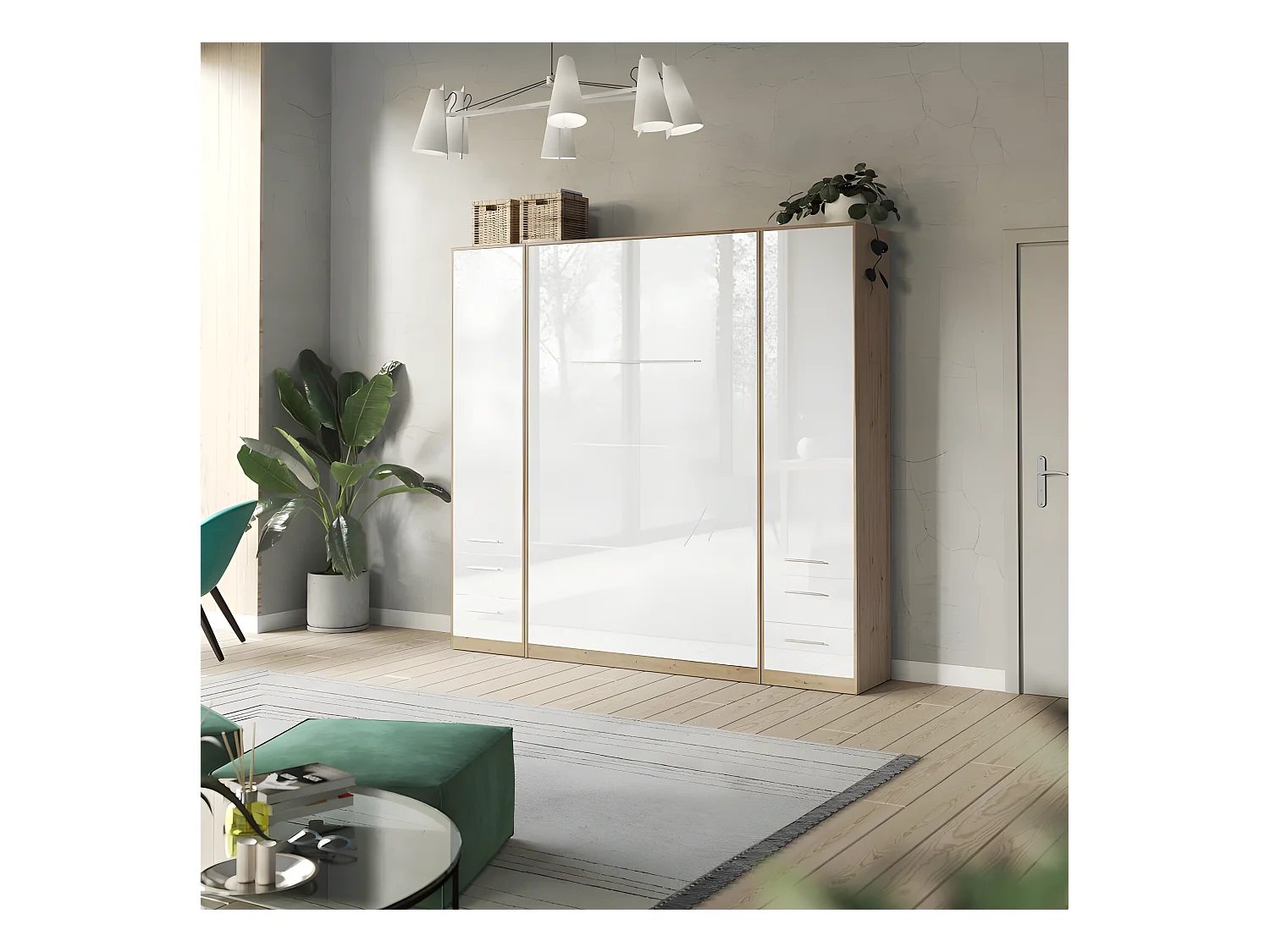 Lit escamotable +2 Placards Vertical 90x200+(50x2)cm Lit Rabattable Lit Mural Standard Chêne Sauvage/blanc brillant