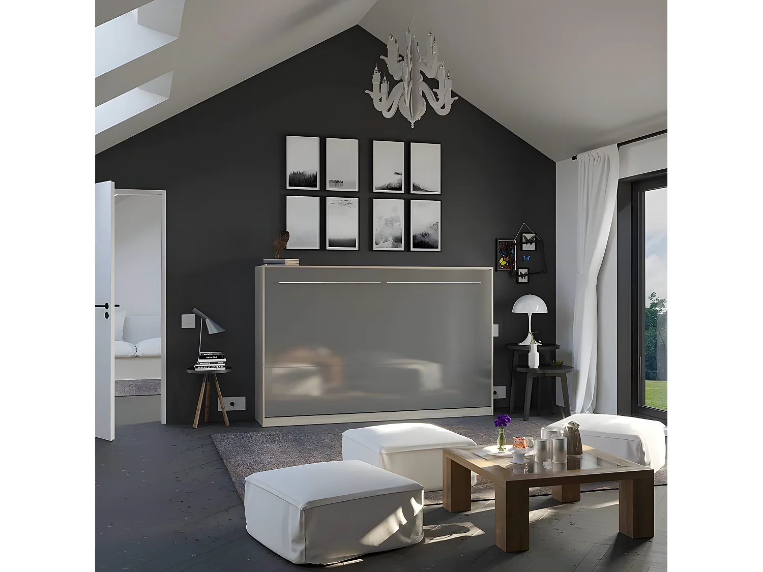 Armoire Lit escamotable 120x200cm Supérieur Horizontal Lit Rabattable Lit Mural Chêne Sonoma/Anthracite brillant