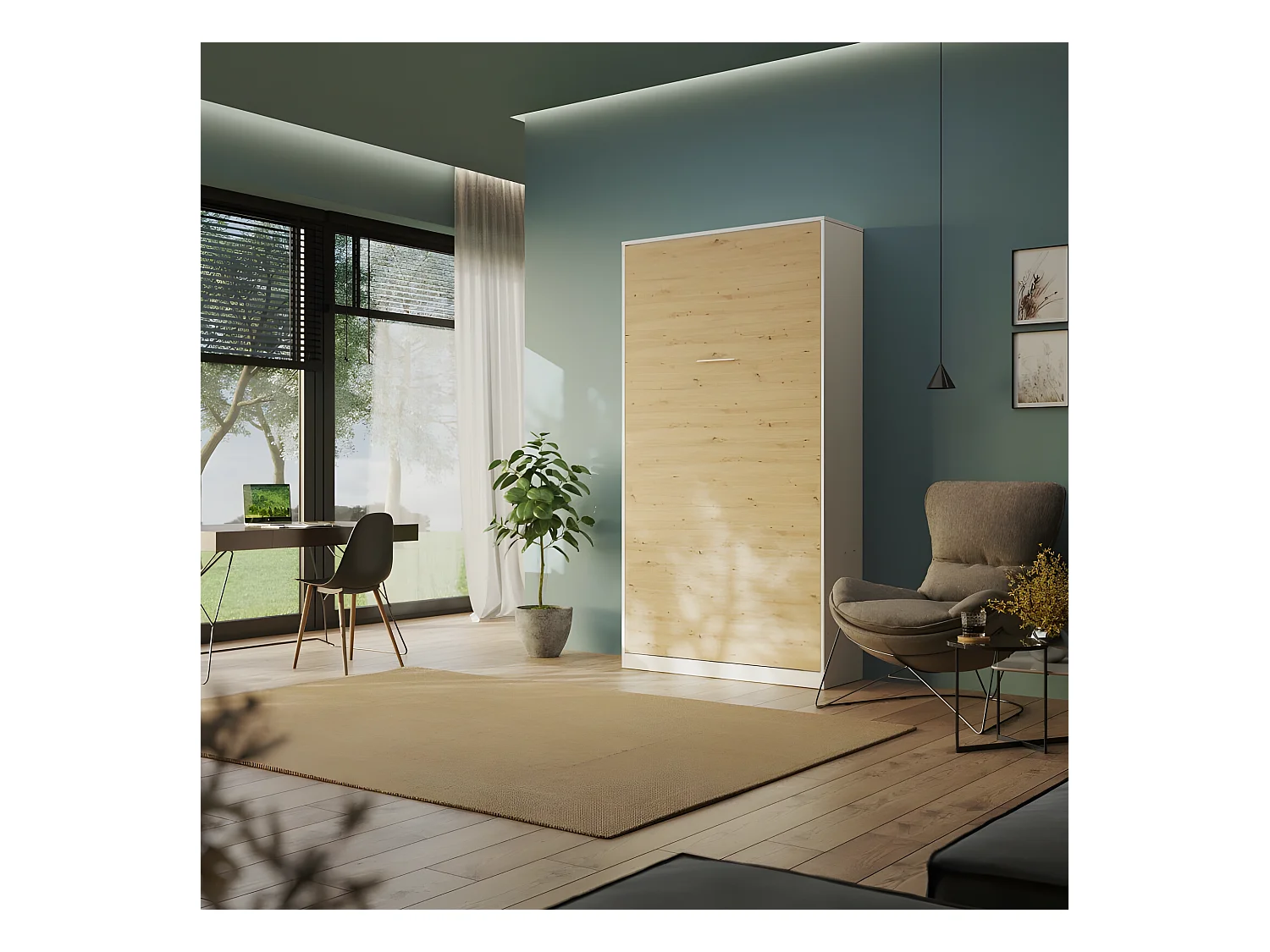 Armoire Lit escamotable 100x200cm Blanc/Chêne sauvage Lit Rabattable Lit Mural C*Adore Vertical