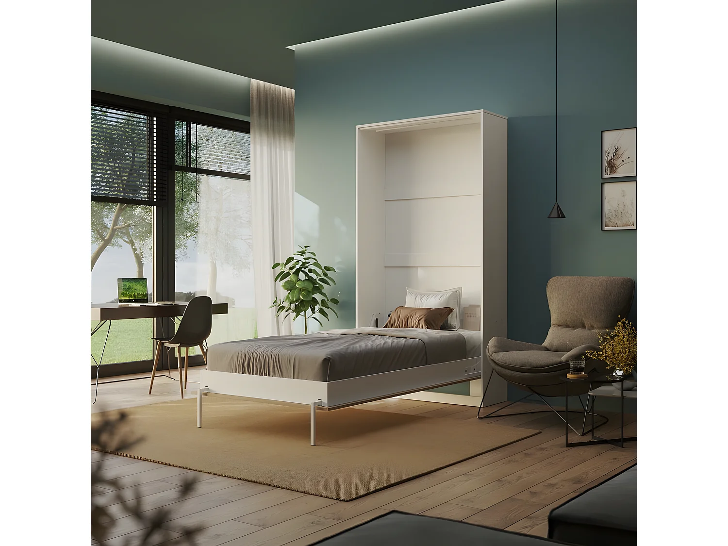 Armoire Lit escamotable 100x200cm Blanc/Chêne sauvage Lit Rabattable Lit Mural C*Adore Vertical