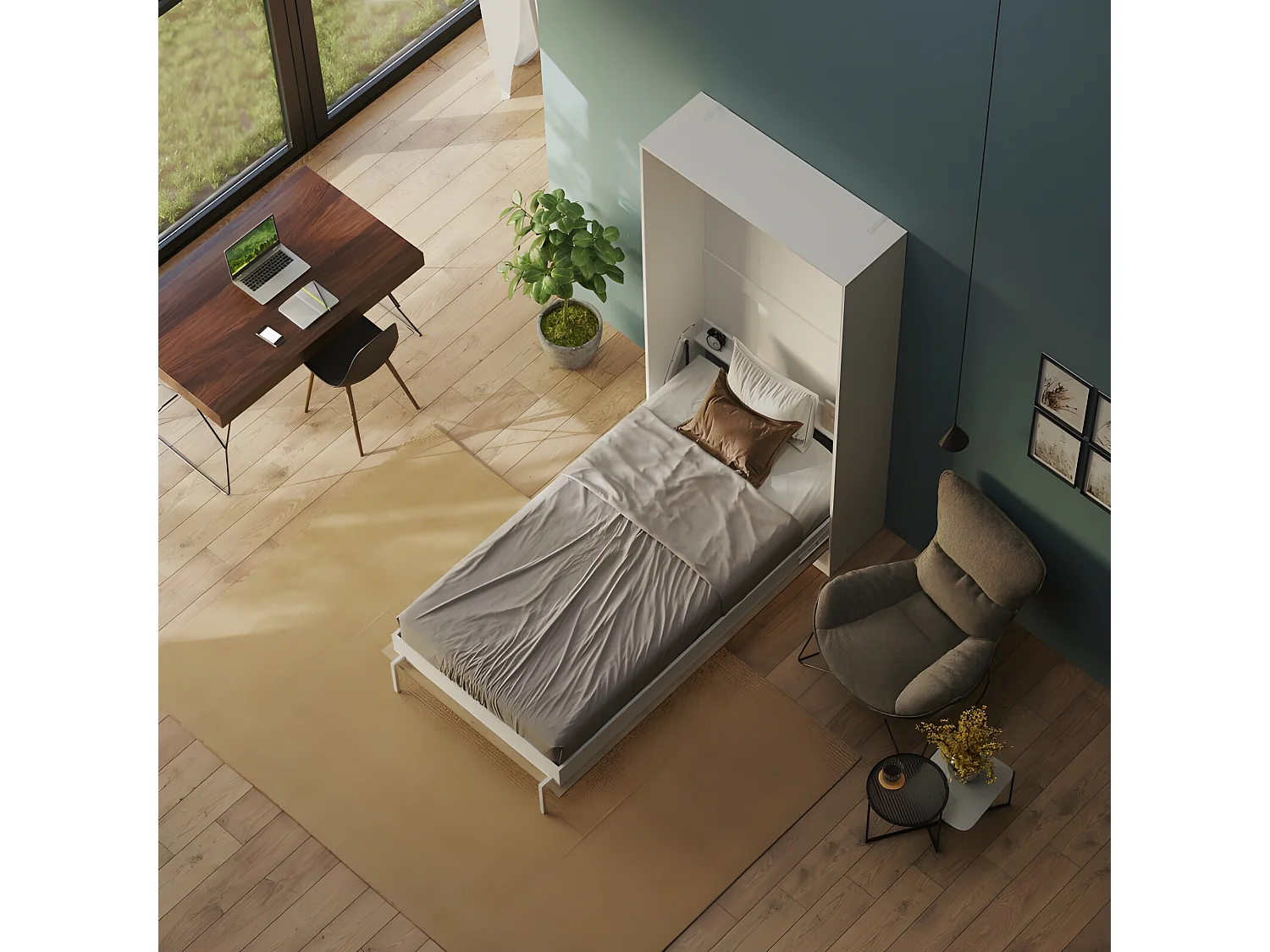 Armoire Lit escamotable 100x200cm Blanc/Chêne sauvage Lit Rabattable Lit Mural C*Adore Vertical
