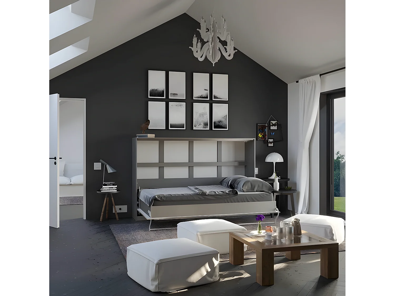 Armoire Lit escamotable 120x200cm Supérieur Horizontal Lit Rabattable Lit Mural Anthracite/Anthracite brillant