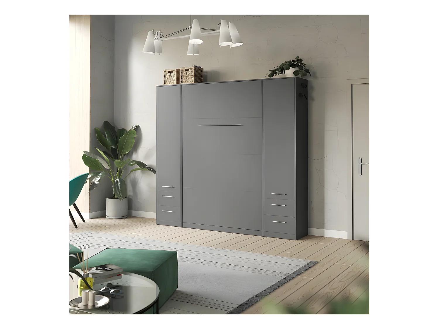 Lit escamotable +2 Placards Vertical 140x200+(50x2)cm Lit Rabattable Lit Mural Standard Anthracite/Anthracite