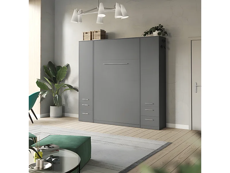 Lit escamotable +2 Placards Vertical 140x200+(50x2)cm Lit Rabattable Lit Mural Standard Anthracite/Anthracite