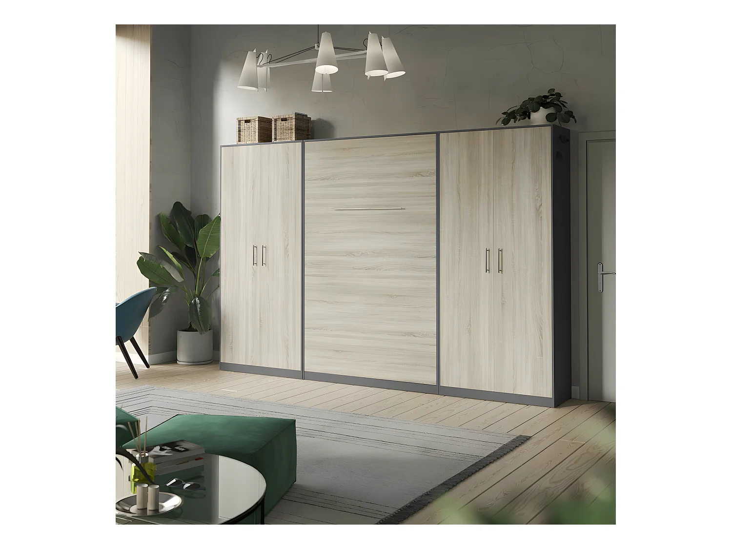 Lit escamotable +2 Placards Vertical 140x200+(80x2)cm Lit Rabattable Lit Mural Standard Anthracite/Chêne Sonoma