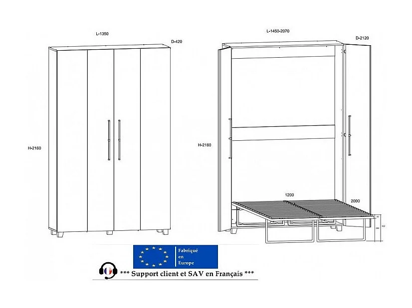 Armoire Lit escamotable Vertical 120x200 cm Or Artisan avec porte Lit Rabattable Lit Mural Todor