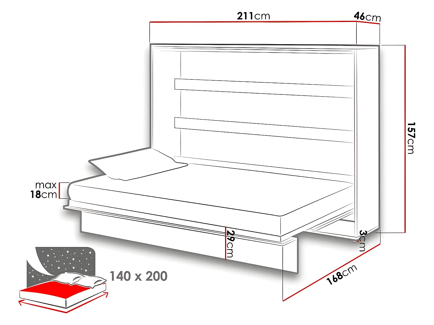 Lenart Armoire Lit escamotable Horizontal 140x200 cm Blanc mat Lit Rabattable Lit Mural"Consus"
