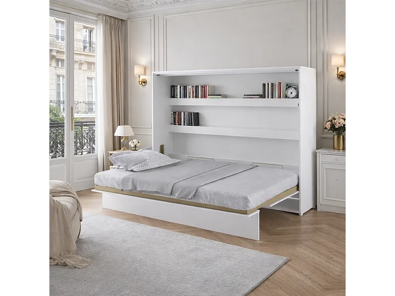 Lenart Armoire Lit escamotable Horizontal 140x200 cm Blanc mat Lit Rabattable Lit Mural"Consus"
