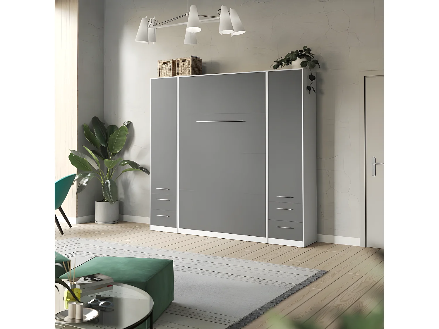 Lit escamotable +2 Placards Vertical 90x200+(50x2)cm Lit Rabattable Lit Mural Standard Blanc/Anthracite