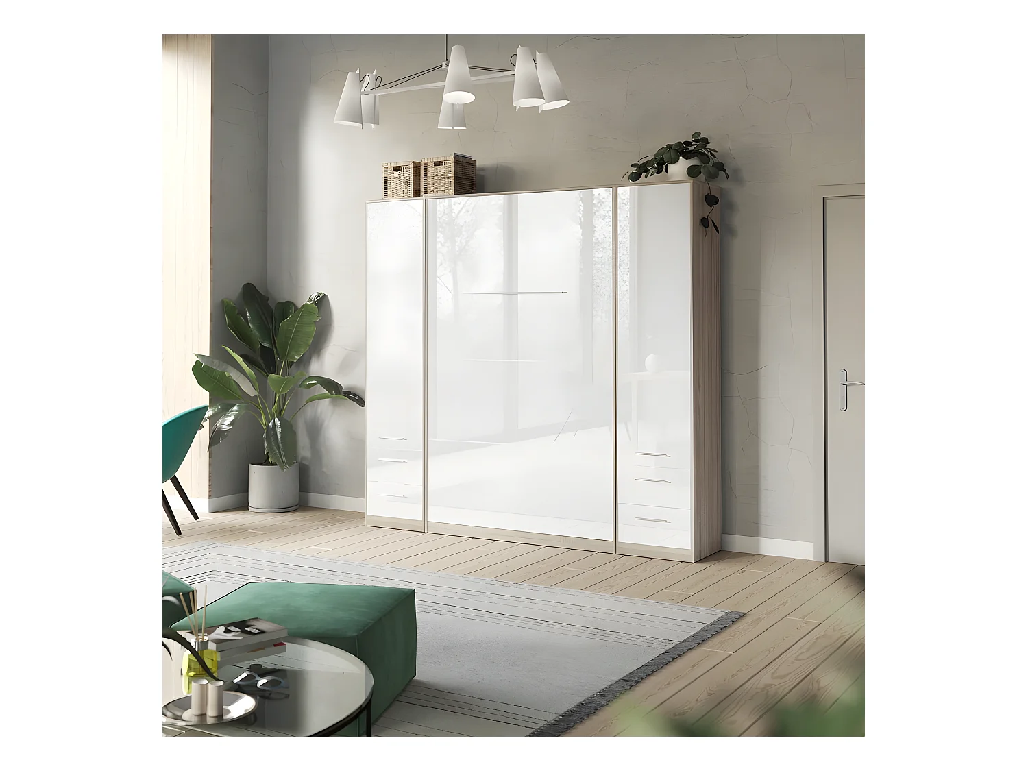 Lit escamotable +2 Placards Vertical 140x200+(50x2)cm Lit Rabattable Lit Mural Standard Chêne Sonoma/Blanc brillant