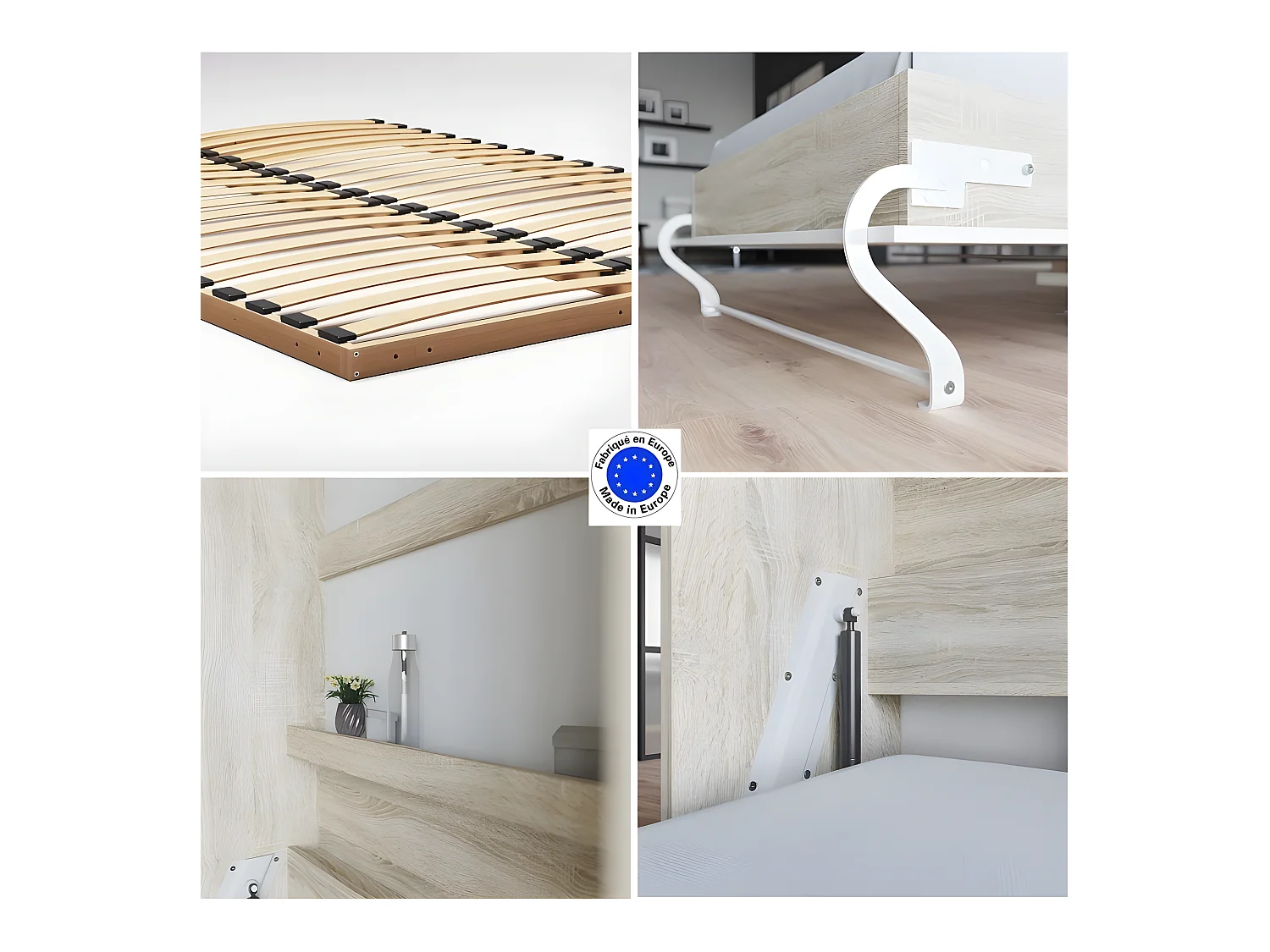 Lit escamotable +2 Placards Vertical 140x200+(50x2)cm Lit Rabattable Lit Mural Standard Chêne Sonoma/Blanc brillant