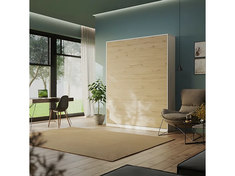 Armoire Lit escamotable 160x200cm Blanc/Chêne Sauvage Vertical Lit Rabattable Lit Mural C*Adore