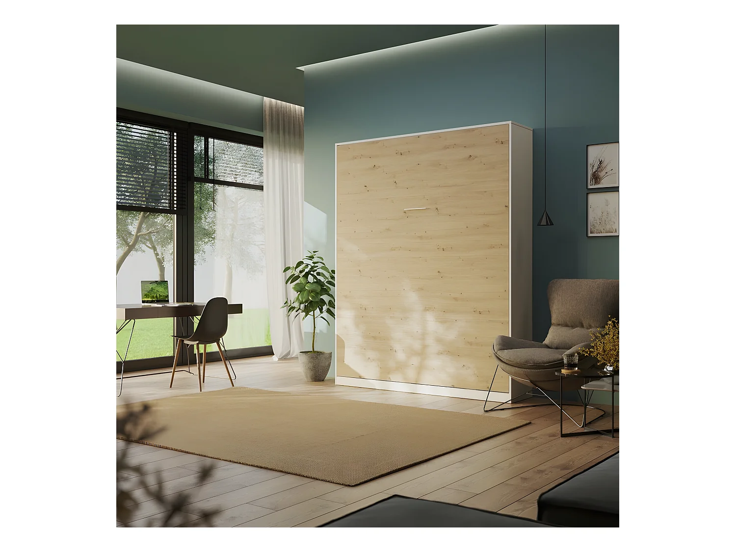 Armoire Lit escamotable 160x200cm Blanc/Chêne Sauvage Vertical Lit Rabattable Lit Mural C*Adore