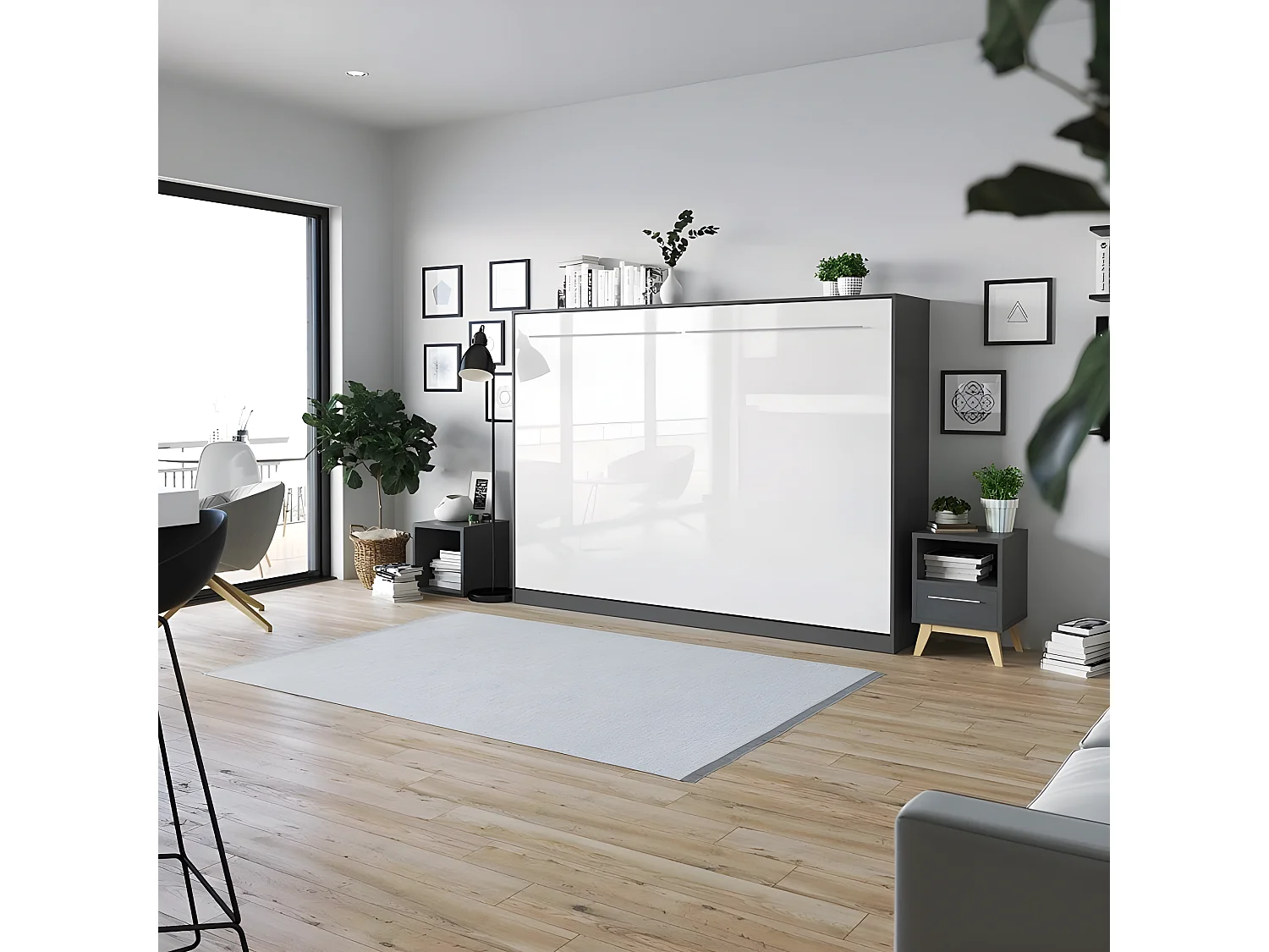 Armoire Lit escamotable 140x200cm Supérieur Horizontal Lit Rabattable Lit Mural Anthracite/blanc brillant