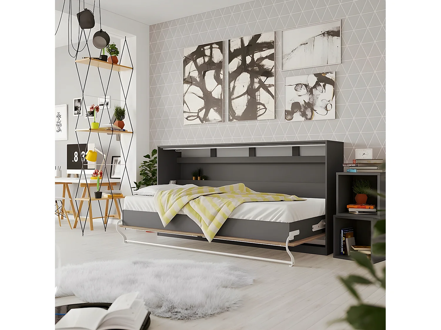 Armoire Lit escamotable 90x200cm Supérieur Horizontal Lit Rabattable Lit Mural Anthracite/Chêne sauvage