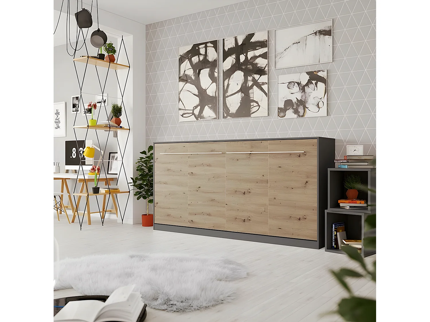 Armoire Lit escamotable 90x200cm Supérieur Horizontal Lit Rabattable Lit Mural Anthracite/Chêne sauvage