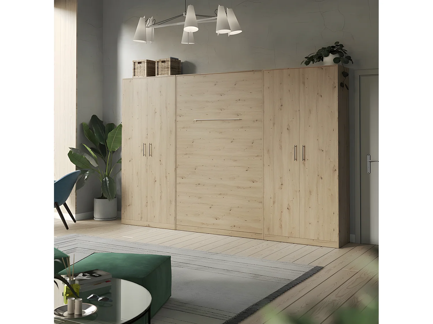 Lit escamotable +2 Placards Vertical 120x200+(100x2)cm Lit Rabattable Lit Mural Standard Chêne Sauvage/Chêne Sauvage