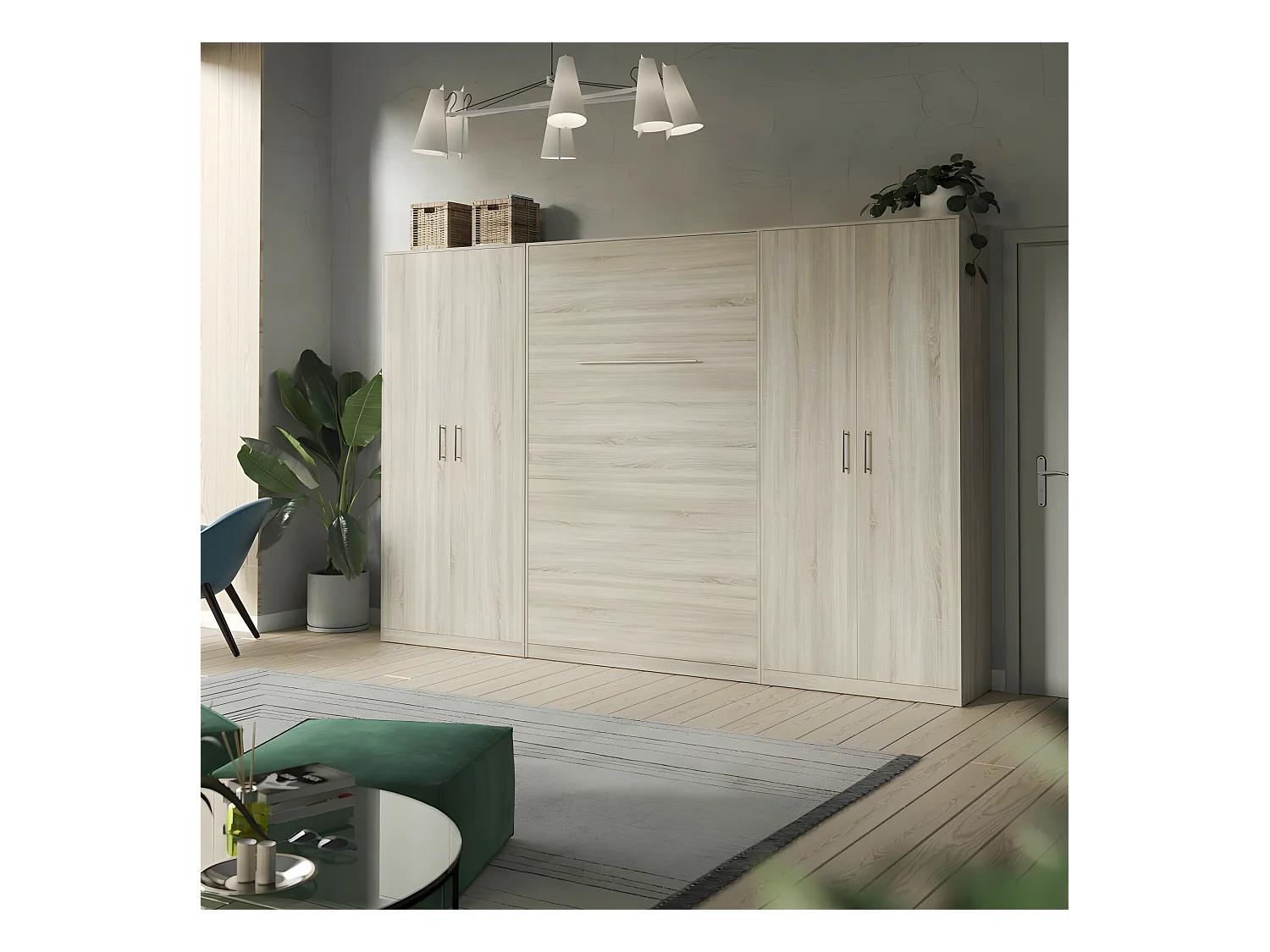 Lit escamotable +2 Placards Vertical 140x200+(100x2)cm Lit Rabattable Lit Mural Standard Chêne Sonoma /Chêne Sonoma
